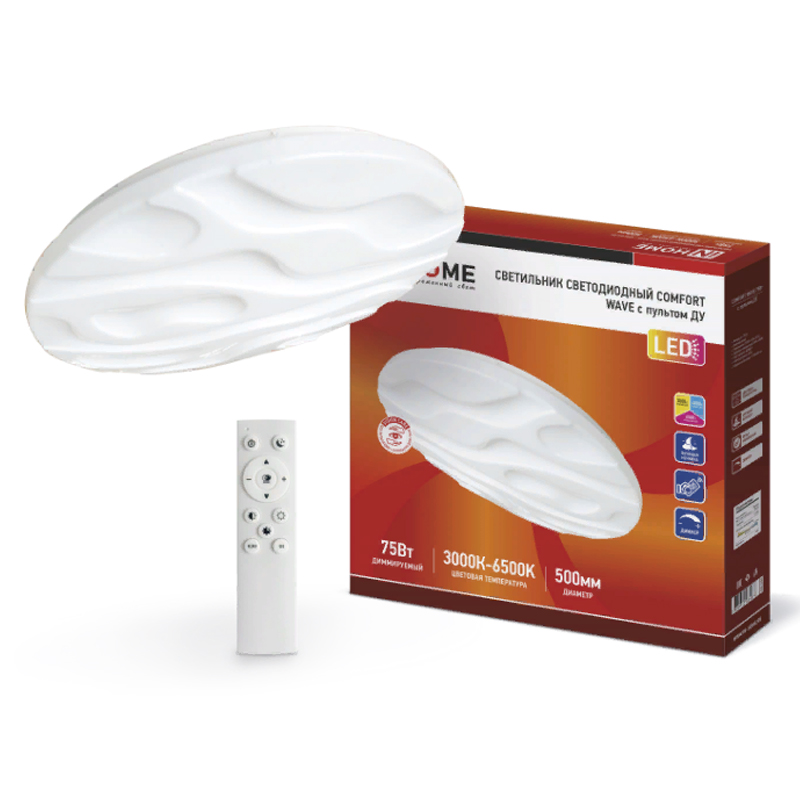 Светильник светодиодный COMFORT WAVE 75Вт 230В 3000-6500K 6000Лм 490x85мм с пультом ДУ IN HOME